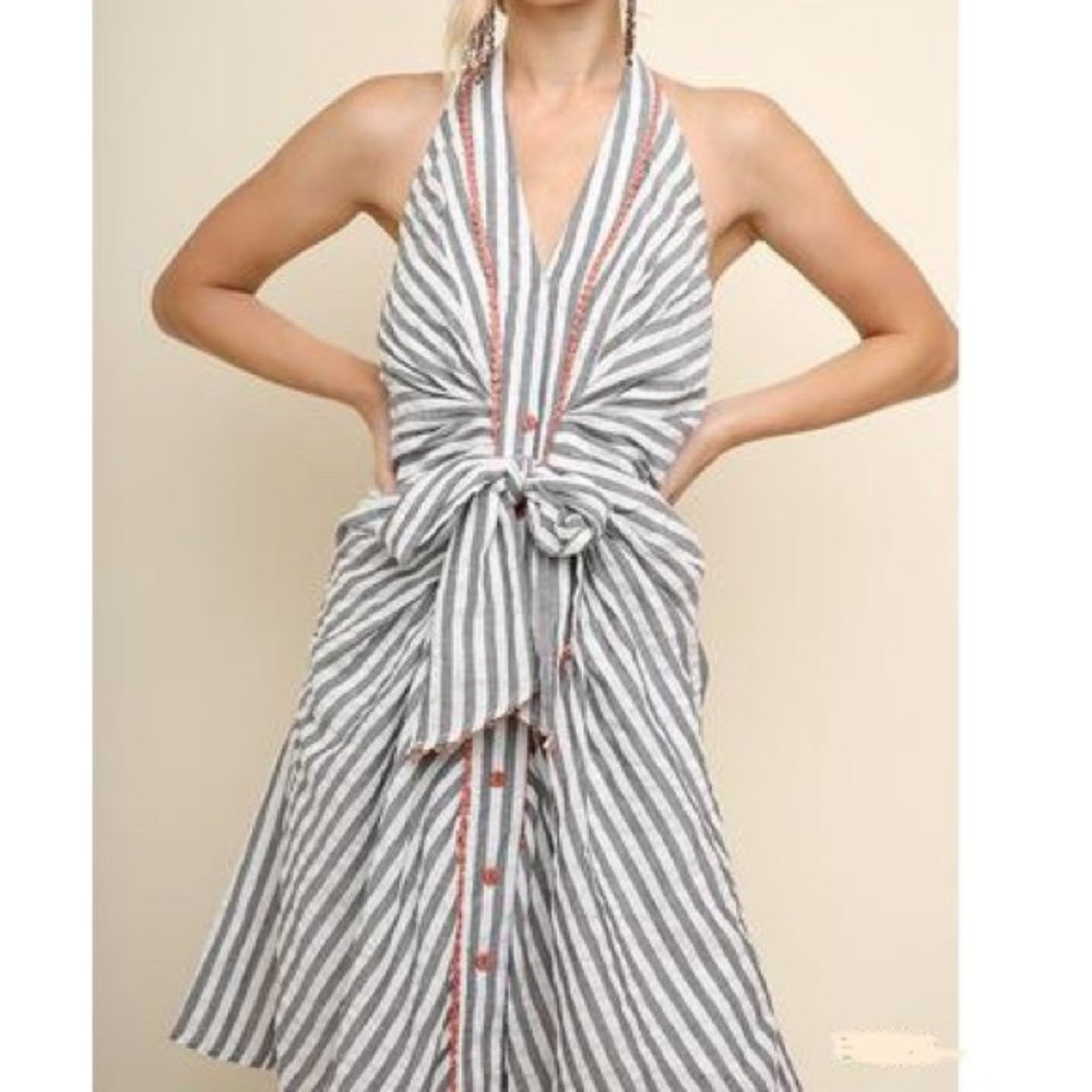 Umgee Gray Stripe Halter Dress